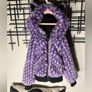 APPAMAN FAUX FUR PURPLE HOODED COAT EARS LAVENDER BLACK WHITE JACKET BOMBER 6